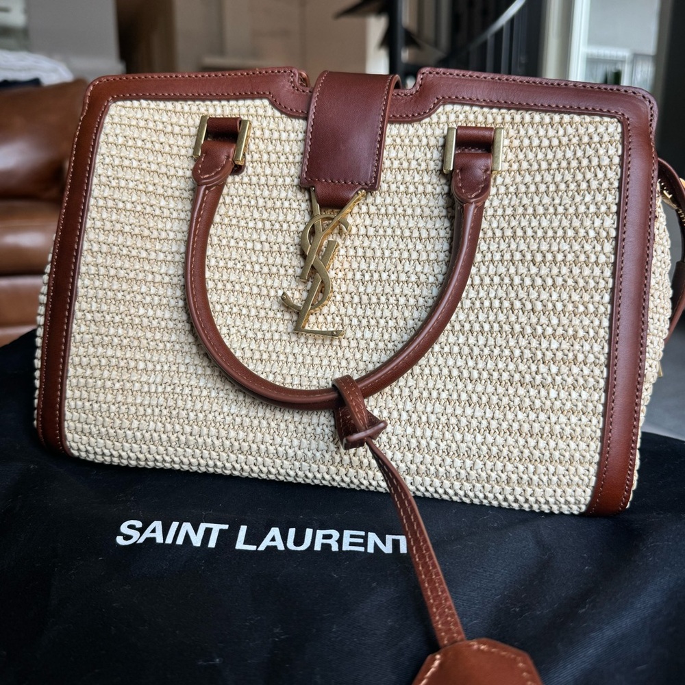 Saint Laurent Monogram Cabas Downtown Raffia with Leather Baby Brown